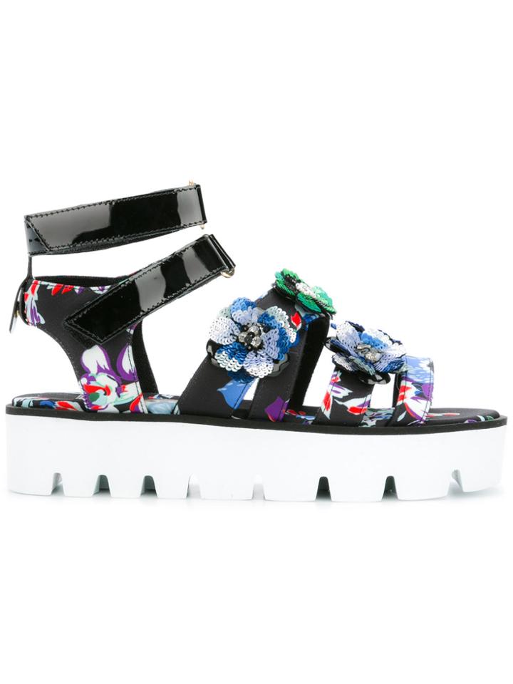 Msgm Floral Platform Sandals - Black