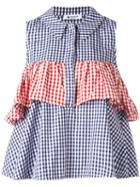 Dondup Checked Ruffled Detail Shirt, Women's, Size: 42, Blue, Cotton/viscose/linen/flax