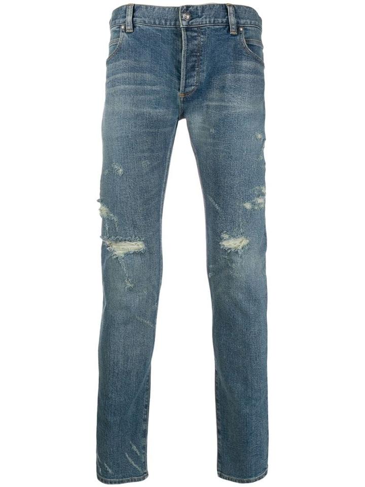 Balmain Ripped Skinny Fit Denim Jeans - Blue