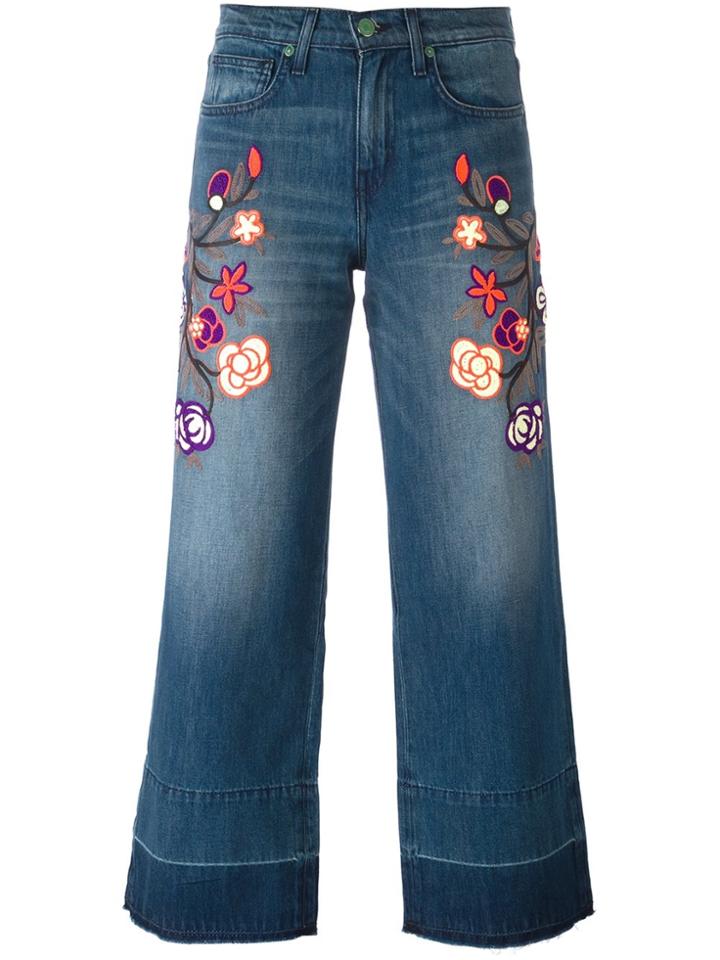 Sandrine Rose Floral Embroidered Cropped Jeans - Blue