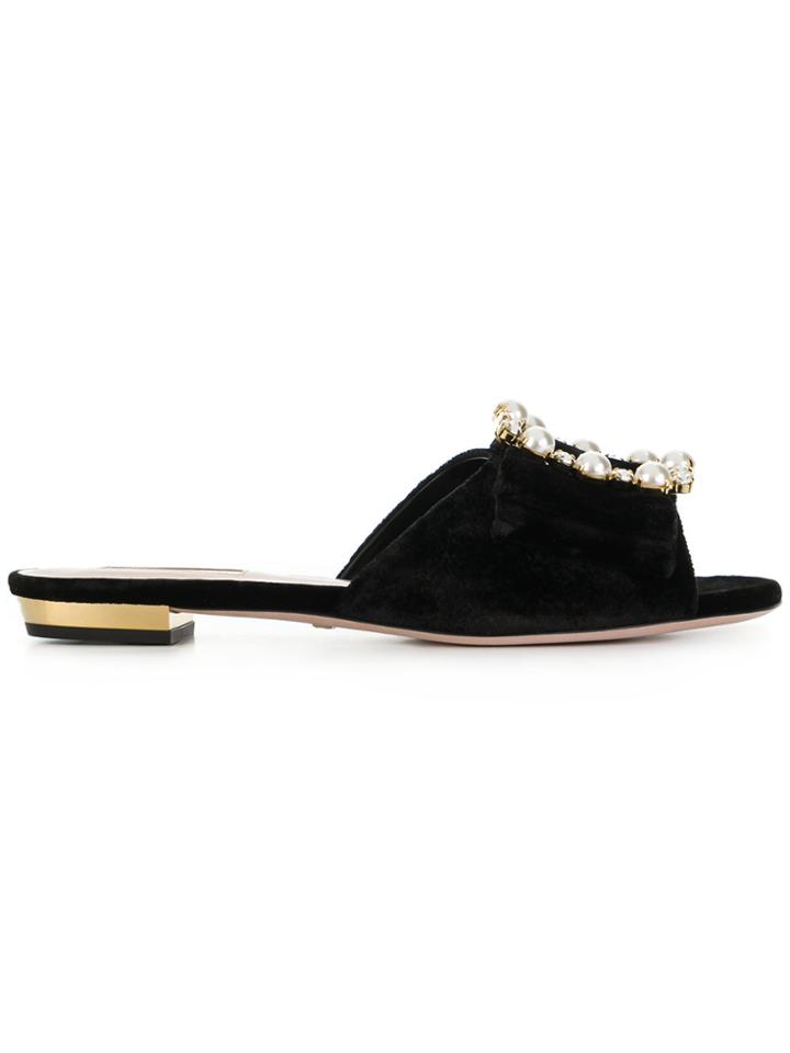 Sebastian Gemstone And Pearl Buckle Front Sandals - Black