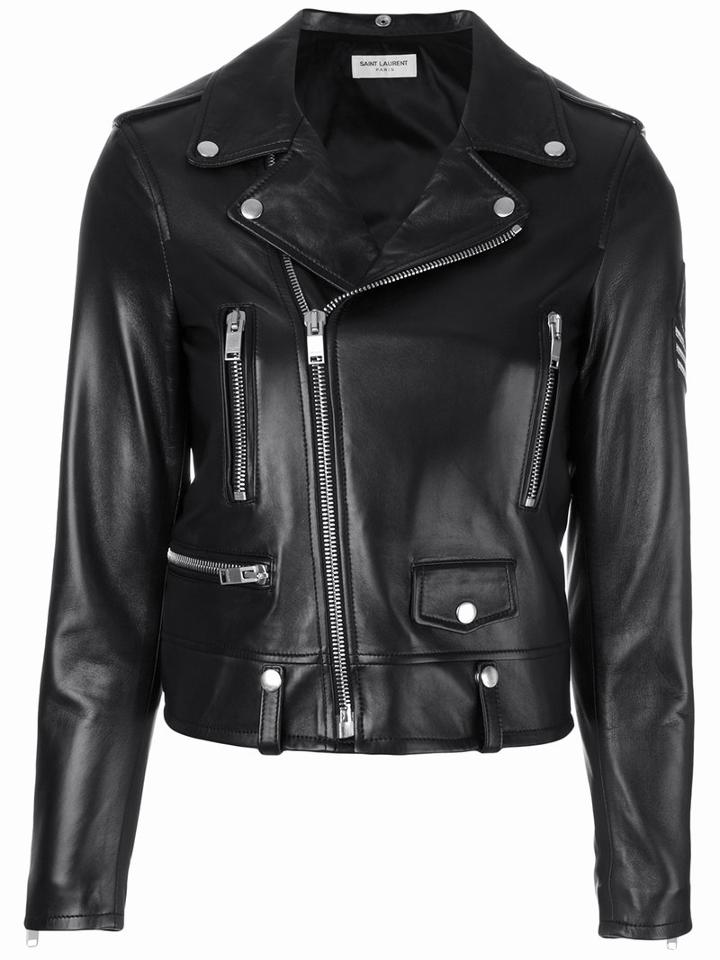 Saint Laurent - Military Patch Motorcycle Jacket - Women - Cotton/calf Leather/lamb Skin/viscose - 42, Black, Cotton/calf Leather/lamb Skin/viscose