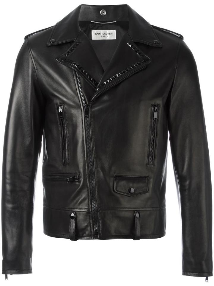 Saint Laurent Studded Lapel Biker Jacket, Men's, Size: 46, Black, Cotton/cupro/metal/polyester