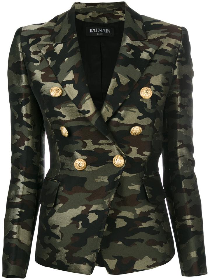 Balmain - Camouflage Double Breasted Blazer - Women - Cotton/polyester/acetate/viscose - 40, Green, Cotton/polyester/acetate/viscose