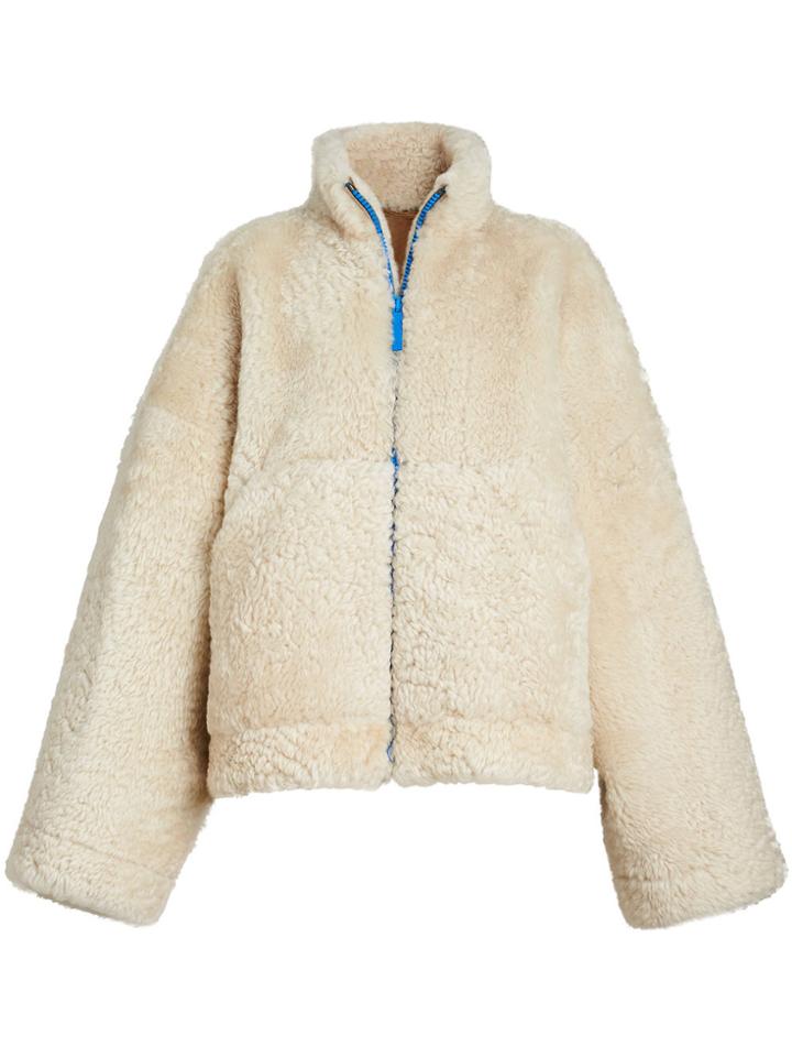 Burberry Contrast Zip Shearling Funnel-neck Jacket - White