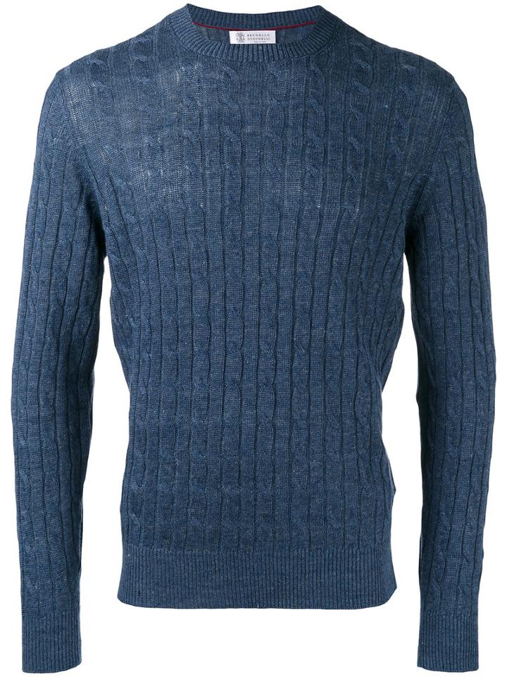 Brunello Cucinelli Cable Knit Jumper, Men's, Size: 52, Blue, Cotton/linen/flax