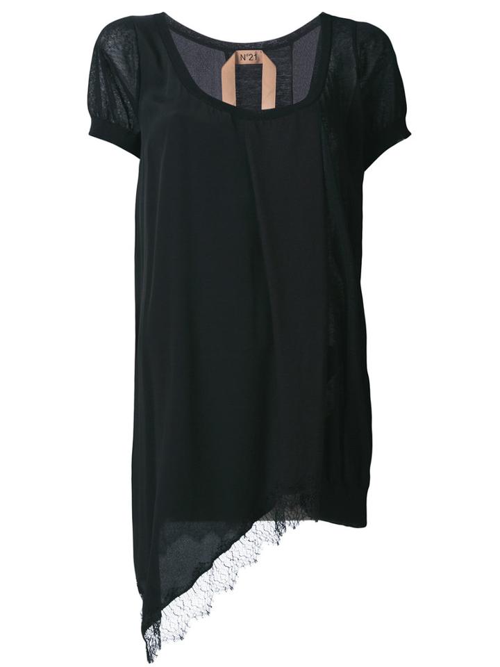 No21 Asymmetric Lace Hem T-shirt, Women's, Size: 44, Black, Silk/cotton/polyamide/acetate