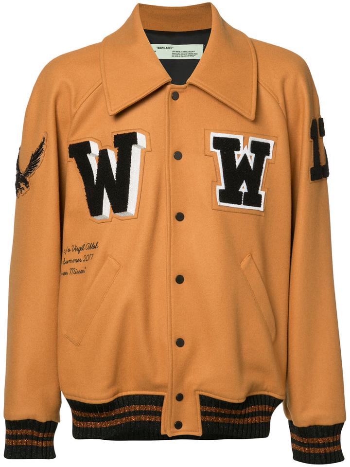 Off-white Patched Varsity Jacket, Men's, Size: Medium, Brown, Nylon/polyamide/viscose/virgin Wool