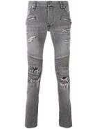 Balmain Skinny Distressed Biker Jeans - Grey