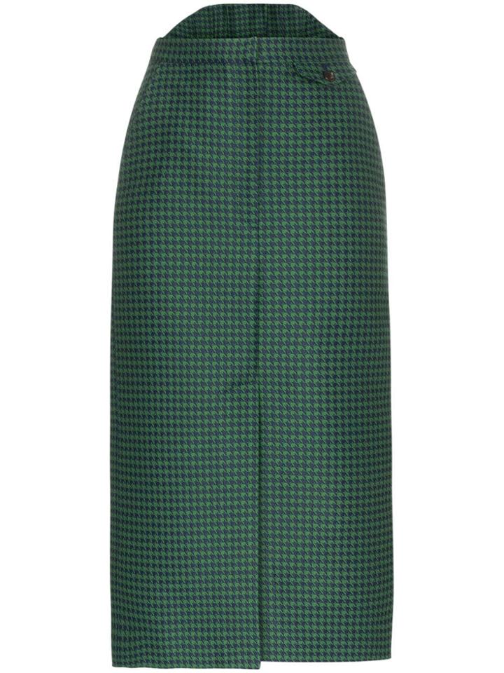 Pushbutton High-waisted Check Print Cotton Blend Skirt - Green