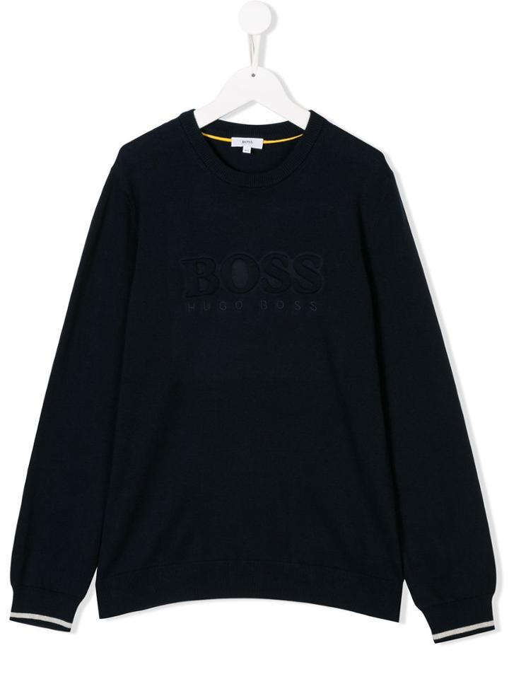 Boss Kids Teen Logo Embossed Knitted Jumper - Blue