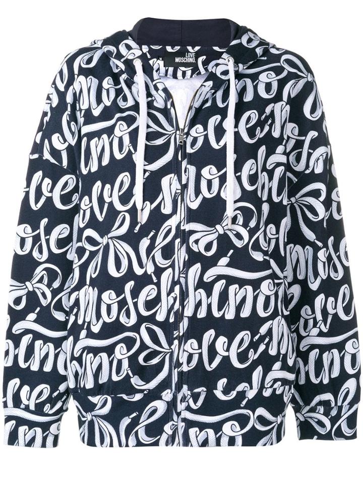 Love Moschino Logo Print Zipped Hoodie - Blue