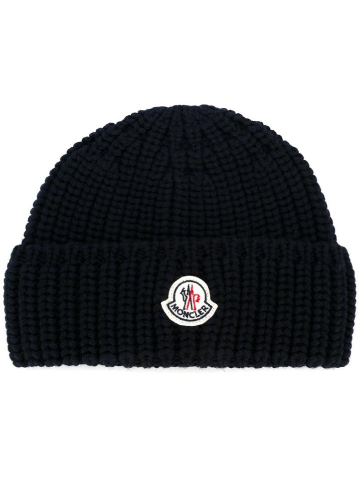 Moncler Logo Beanie, Men's, Blue, Virgin Wool