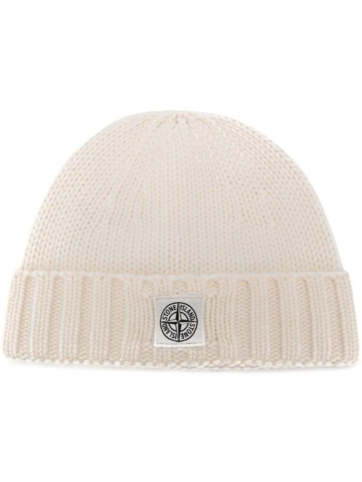 Stone Island Beanie Hat With Logo Patch - White
