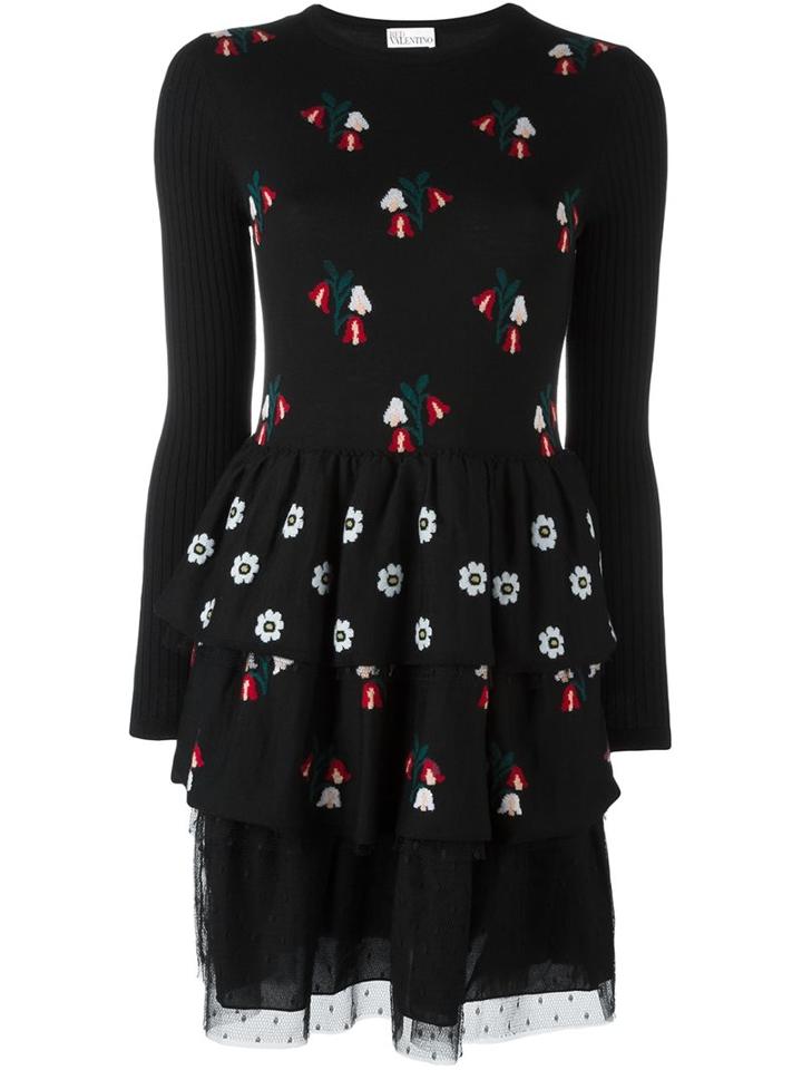 Red Valentino Floral Print Flared Dress, Women's, Size: Medium, Black, Polyamide/polyester/spandex/elastane/virgin Wool