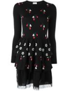 Red Valentino Floral Print Flared Dress, Women's, Size: Medium, Black, Polyamide/polyester/spandex/elastane/virgin Wool