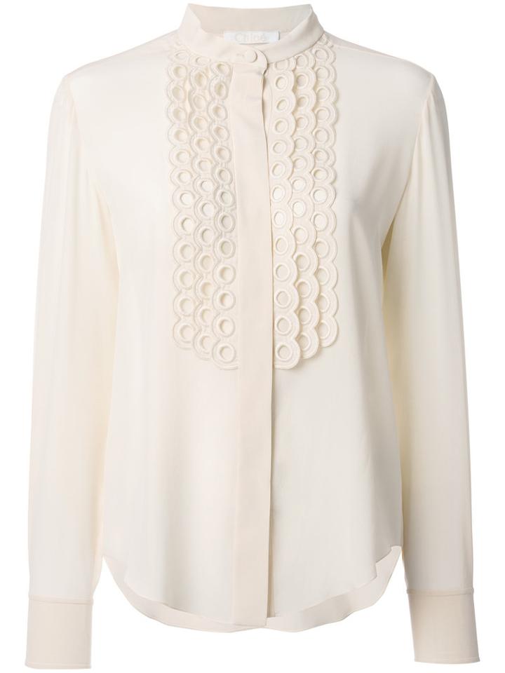 Chloé - Mandarin Collar Placket Blouse - Women - Silk - 42, Nude/neutrals, Silk