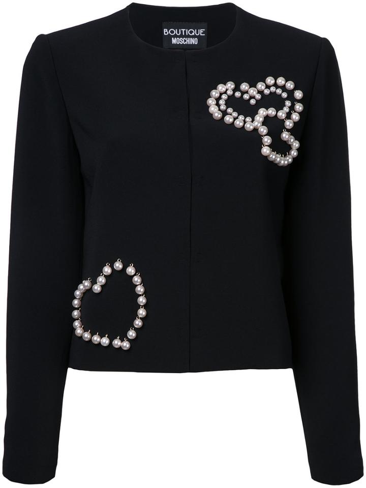Boutique Moschino Pearled Hearts Jacket, Women's, Size: 44, Black, Polyester/other Fibers