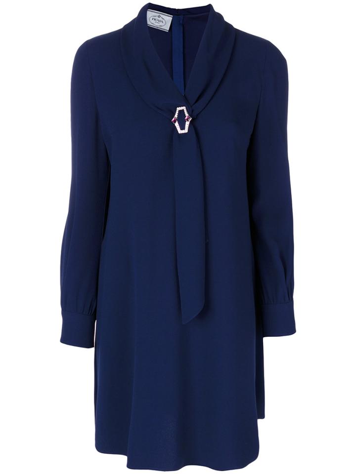 Prada Shift Dress With Gem Brooch - Blue