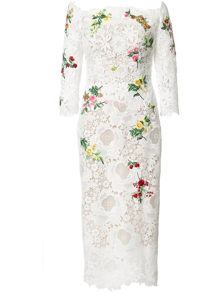 Monique Lhuillier Floral Embroidery Lace Dress, Women's, Size: 6, White, Polyester/silk/spandex/elastane
