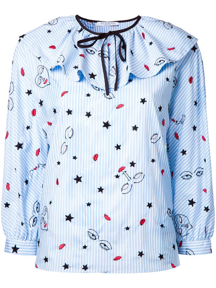 Vivetta Multi Figures Lace Up Blouse, Size: 38, Blue, Cotton/spandex/elastane
