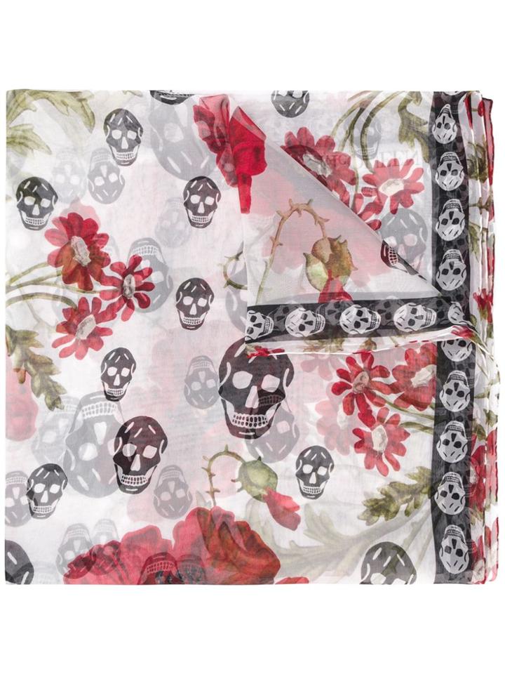 Alexander Mcqueen Floral Skull Print Scarf - White