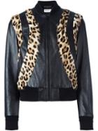 Saint Laurent Leopard Panel Bomber Jacket, Women's, Size: 40, Black, Cupro/cotton/lamb Skin/goat Skin