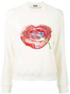 Msgm - Lip And Cherry Sweatshirt - Women - Cotton - S, Women's, Nude/neutrals, Cotton
