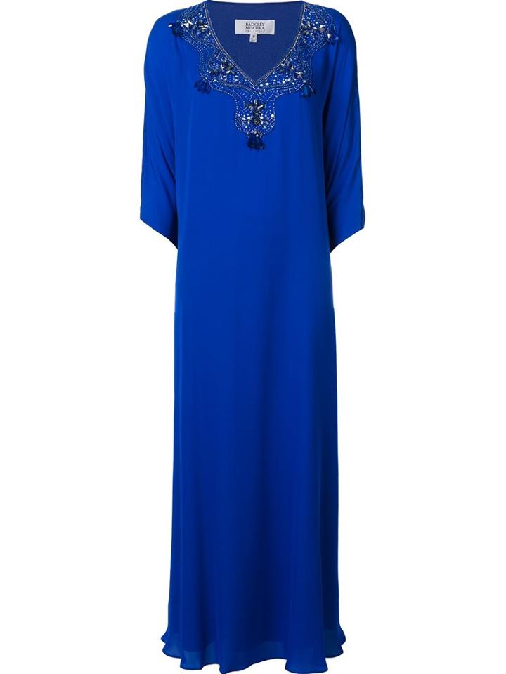 Badgley Mischka Long Embellished Dress, Women's, Size: Medium, Blue, Silk