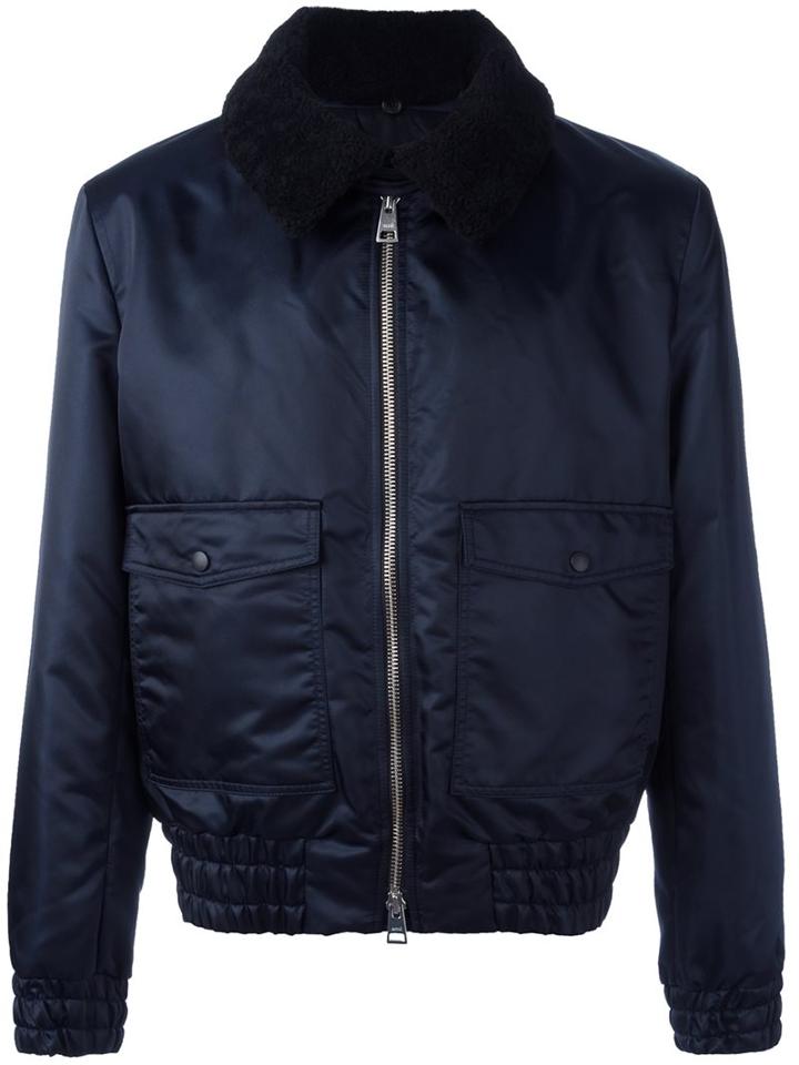 Ami Alexandre Mattiussi Shearling Collar Zipped Jacket, Men's, Size: Medium, Blue, Polyamide/sheep Skin/shearling/acetate/cotton