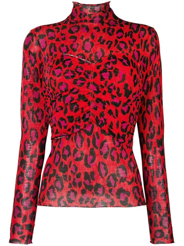 Kenzo Leopard Print Turtleneck Top - Red