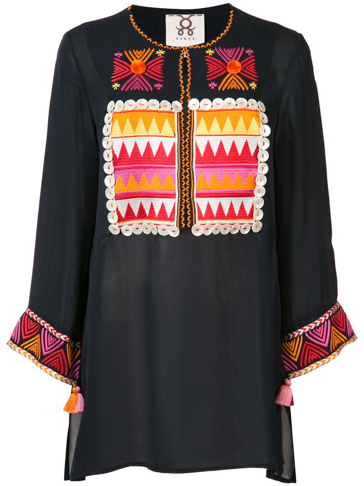 Figue Embroidered Tunic Top, Women's, Size: Large, Blue, Silk
