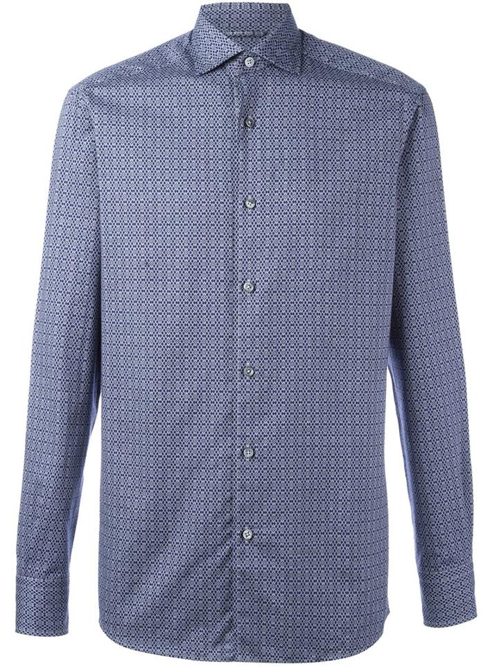 Ermenegildo Zegna Floral Diamond Pattern Shirt, Men's, Size: Small, Blue, Cotton