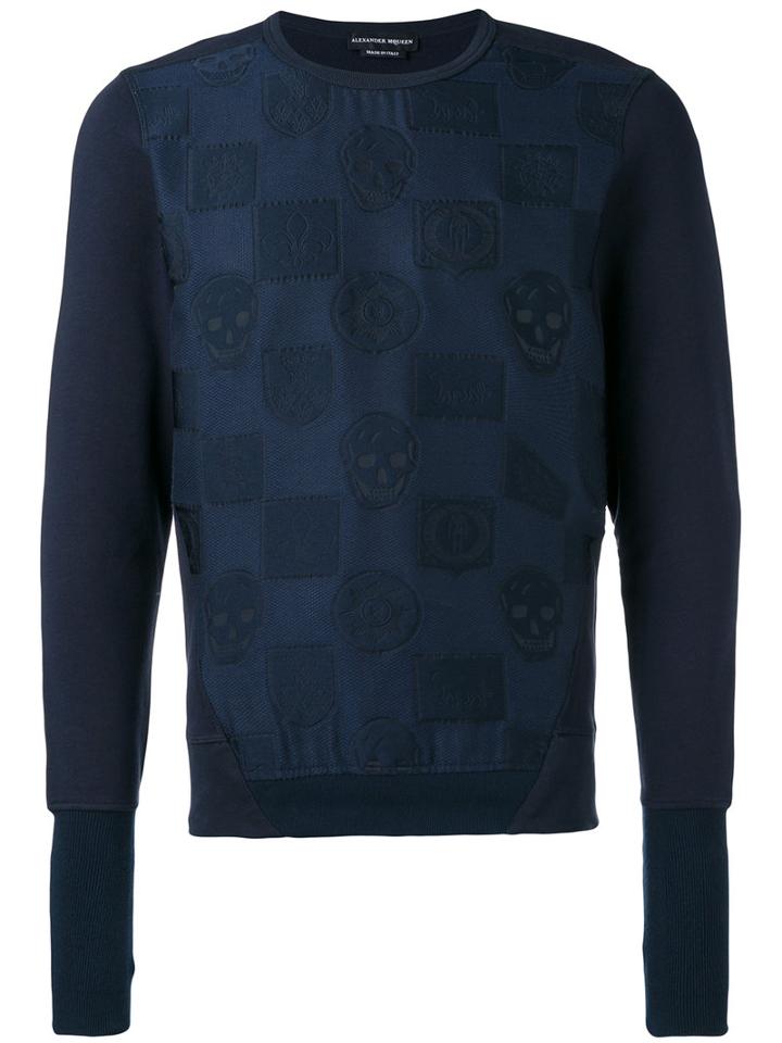 Alexander Mcqueen Skull And Badge Embroidered Sweatshirt, Men's, Size: Medium, Blue, Cotton