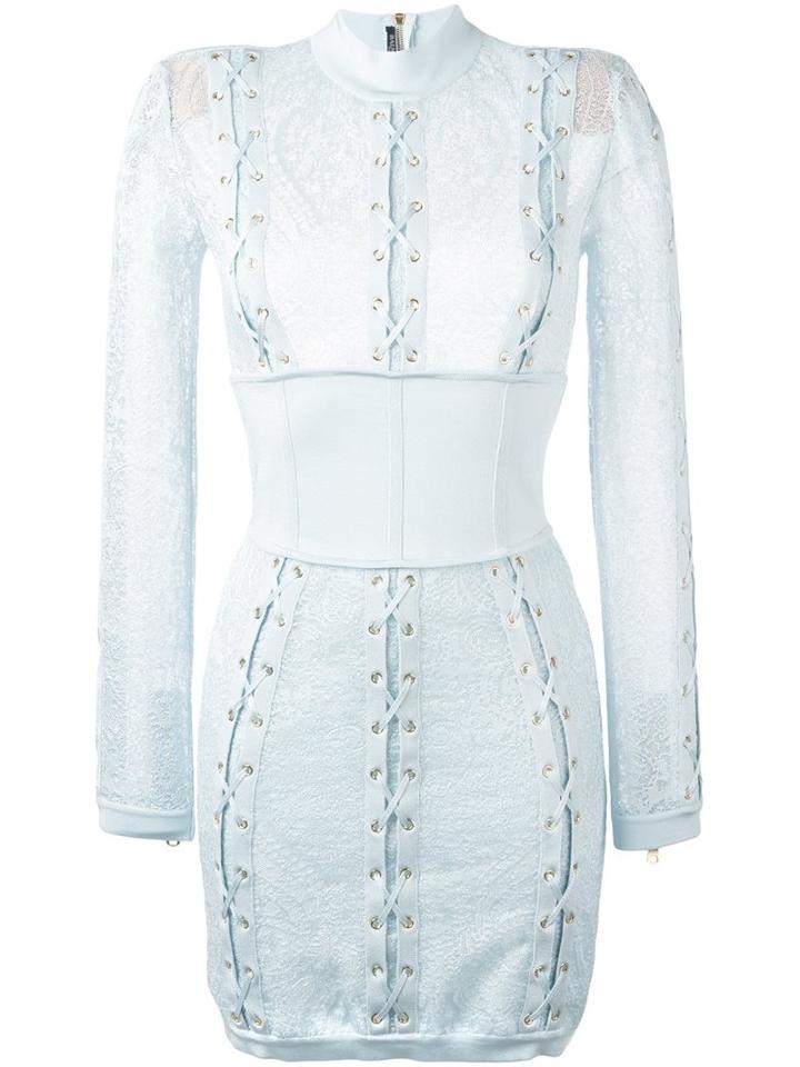 Balmain Lace Corset Mini Dress, Women's, Size: 38, Blue, Polyamide/spandex/elastane/viscose