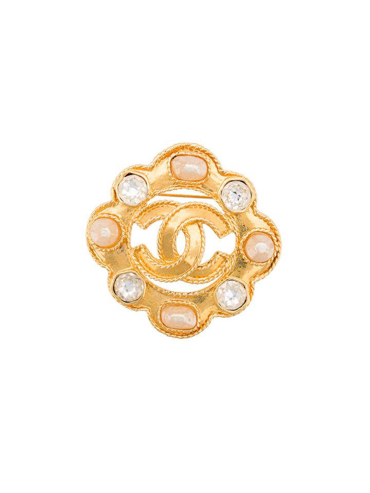 Chanel Vintage Faux Pearl Crystal Cc Brooch - Metallic