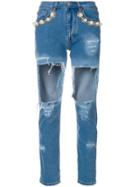Forte Couture Pearl Embellished Destroyed Jeans - Blue