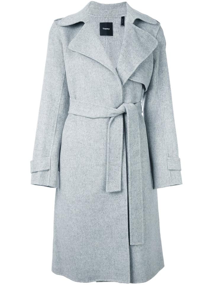 Theory Belted Single Breasted Coat, Women's, Size: Small, Grey, Polyester/polyurethane/cashmere/wool