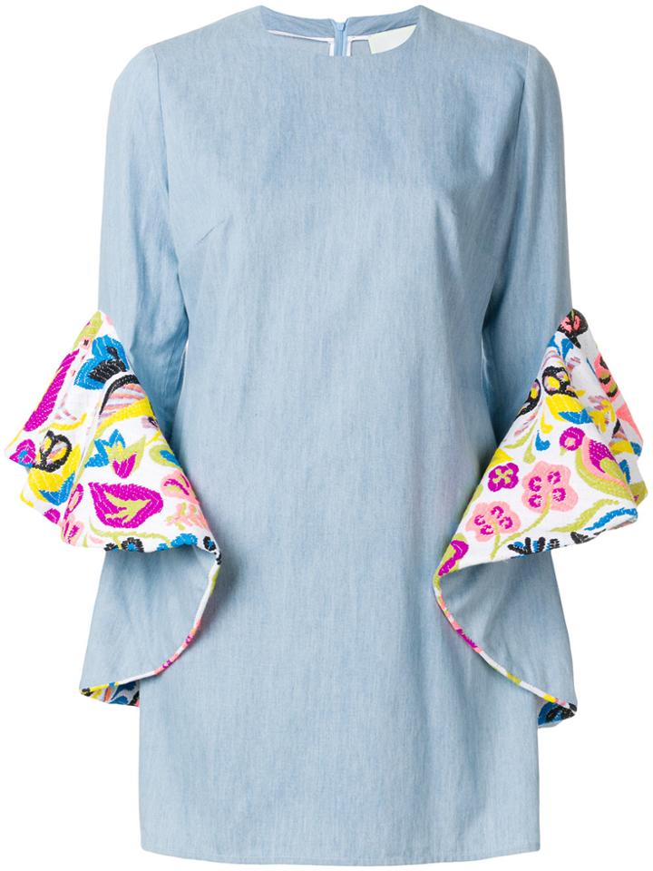 Ava Adore Floral Print Frill Trim Cuffs Mini Dress - Blue