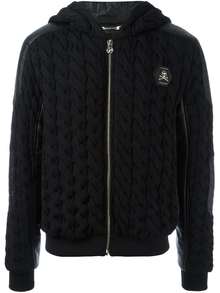 Philipp Plein 'we Are Black' Cable Knit Hoodie, Men's, Size: Large, Black, Merino/polyester/polyurethane/nylon