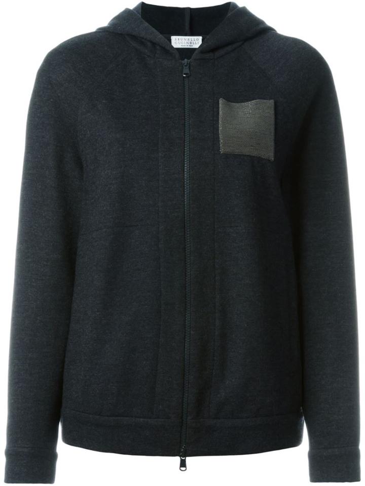 Brunello Cucinelli Metallic Pocket Zipped Hoodie, Women's, Size: Small, Grey, Silk/acetate/cashmere/brass
