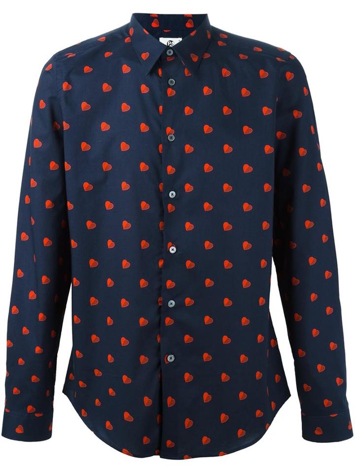 Ps By Paul Smith Heart Printed Shirt, Men's, Size: Medium, Blue, Cotton