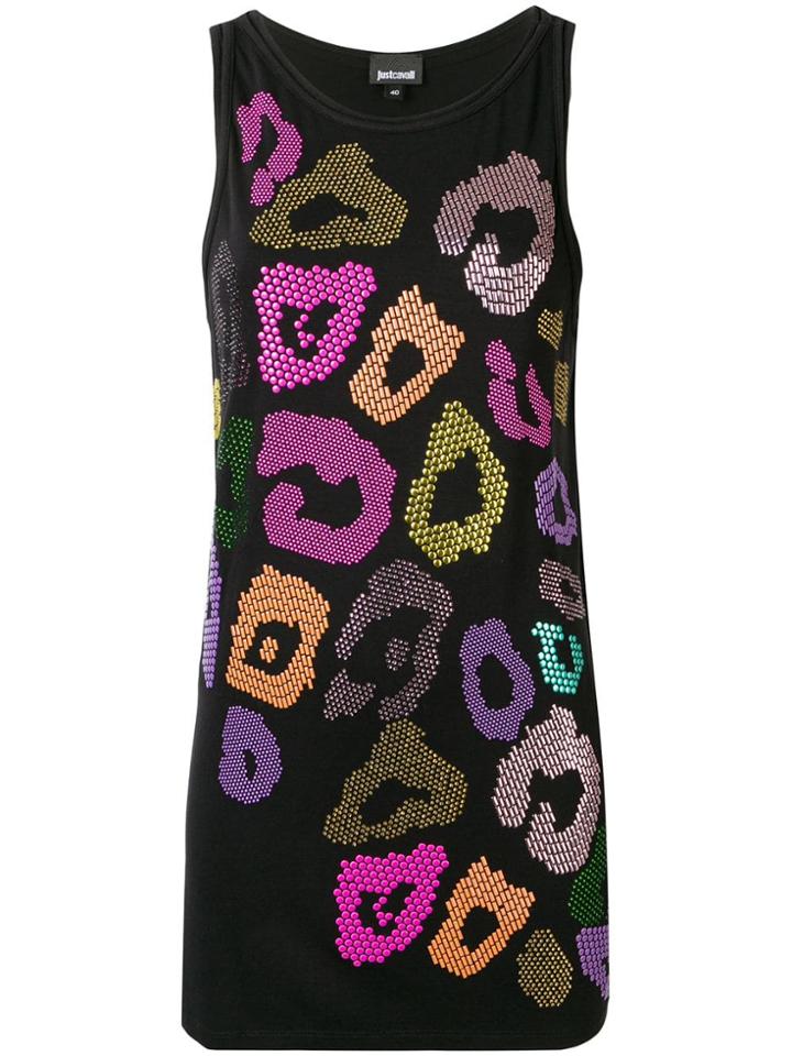 Just Cavalli Rhinestone Leopard Print Tank Top - Black