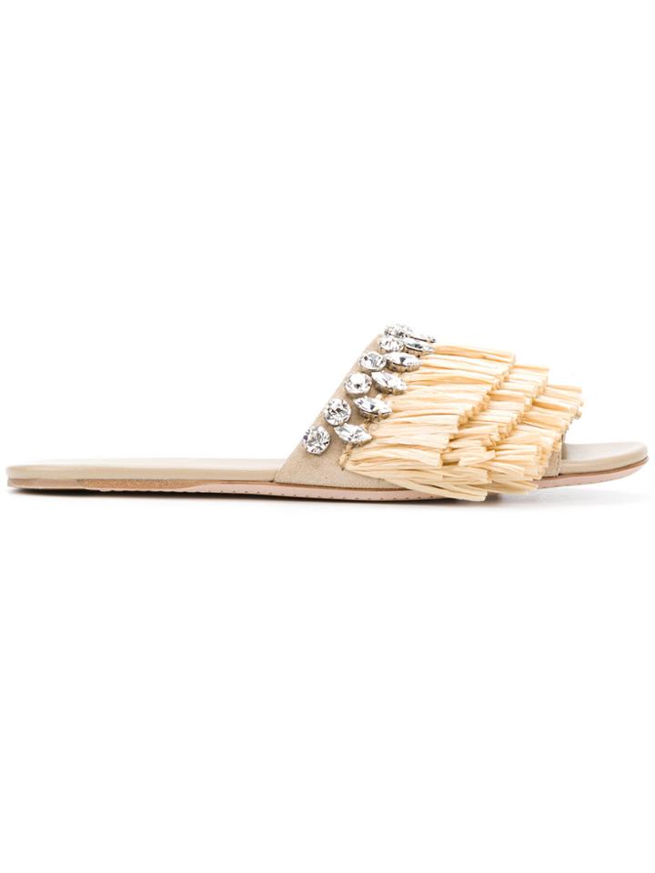 Miu Miu Fringed Slides - Nude & Neutrals