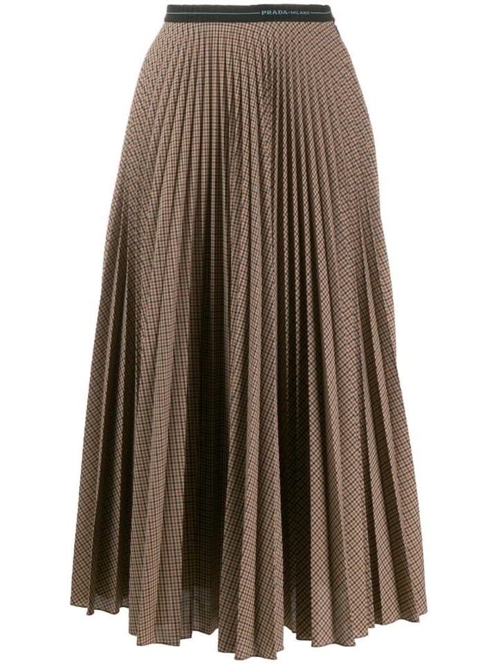 Prada Checked Pleated Midi Skirt - Neutrals