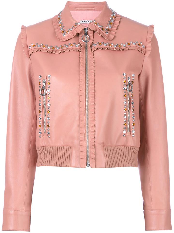 Miu Miu Studded Frilled Jacket, Women's, Size: 42, Pink/purple, Lamb Skin/polyester