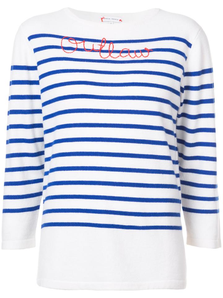 Lingua Franca Striped Embroidered Quote Sweater - White