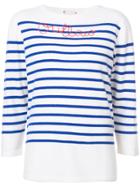 Lingua Franca Striped Embroidered Quote Sweater - White