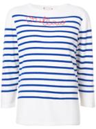 Lingua Franca Striped Embroidered Quote Sweater - White