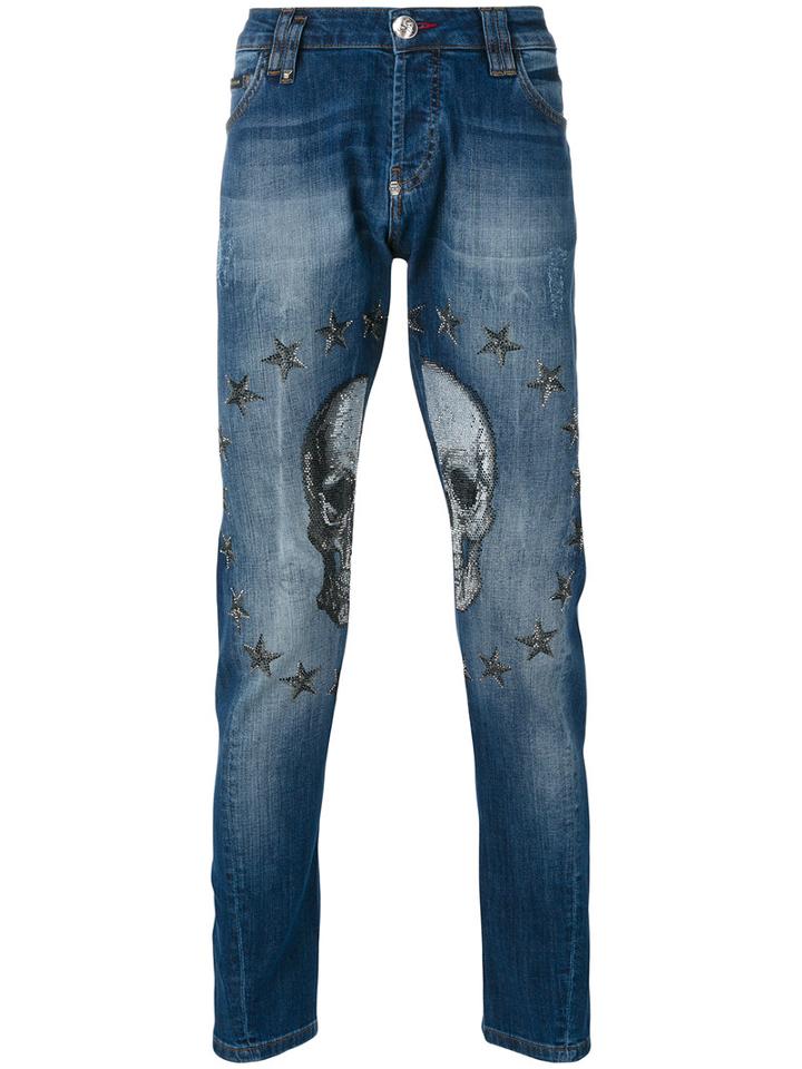 Philipp Plein - Embellished Skull Tapered Jeans - Men - Cotton/spandex/elastane/polyester - 31, Blue, Cotton/spandex/elastane/polyester